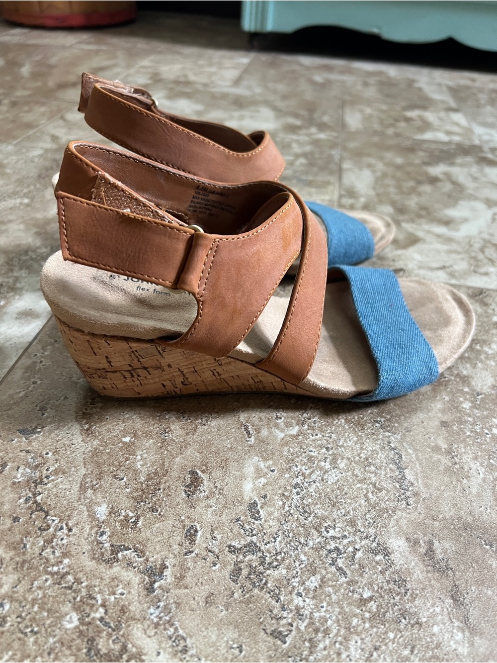 Denim and brown wedges